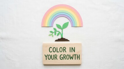 Fototapeta premium Plant growing under pastel rainbow with inspirational quote