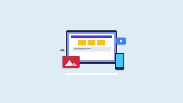 Flat 2D Motion Graphics Animation of Responsive Web Design on Monitor and Smartphone, 4K Video for Technology Agency and Digital Development Presentations
