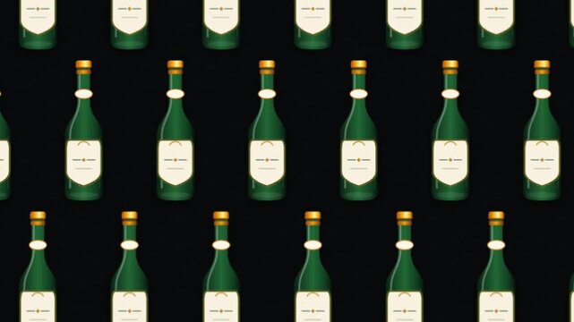 Green champagne bottle pattern on black background