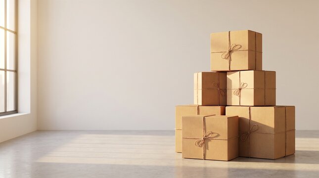 Neat stack of sealed brown cardboard packages with twine on concrete floor with copy space