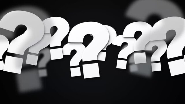 Group of animated white question marks on black background 4K motion graphics footage. Ideal for corporate FAQ, educational quiz, and problem-solving presentations.