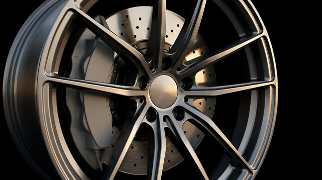 A close-up view of a sophisticated alloy wheel with intricate spokes and brake disc, showcasing advanced automotive design and engineering excellence.