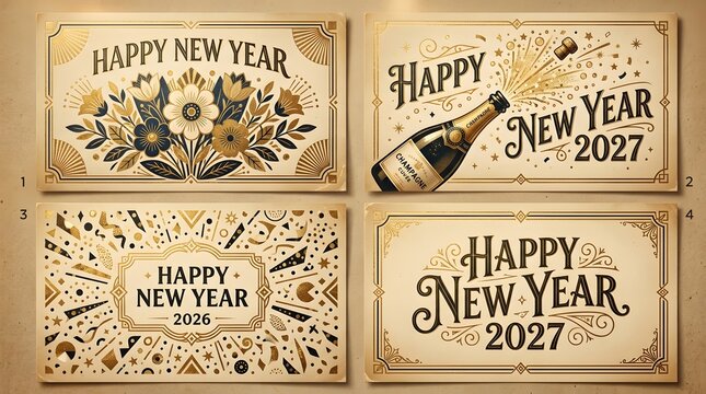 Four vintage new year cards featuring champagne bottles and festive celebratory designs on a wooden wall
