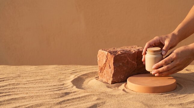 Red sandstone block podium and terracotta pedestal on textured warm sand floor with copy space