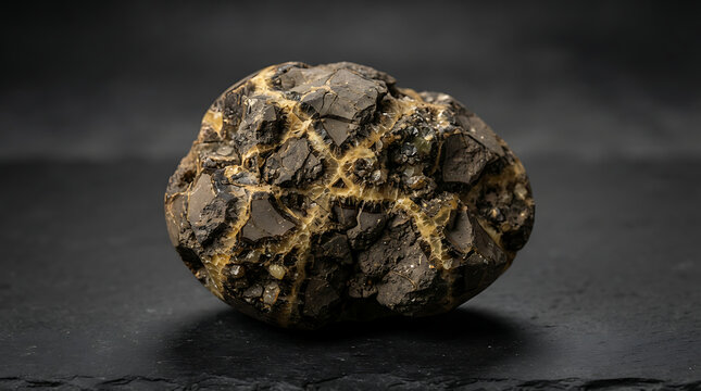 Septarian concretion resting on a dark slate surface highlighting its distinctive geometric crack patterns.