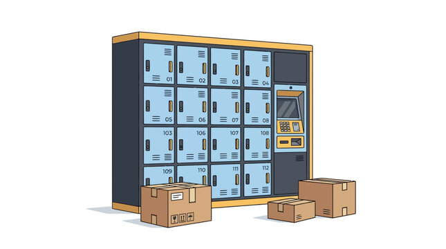 Vector illustration of an automated parcel locker system with cardboard shipping boxes for package delivery services
