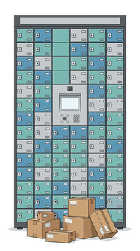 Automated parcel delivery locker system with secure compartments and cardboard boxes on the floor