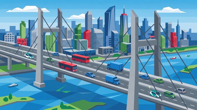 Transportasi jembatan jalan raya kota modern dengan gaya vektor