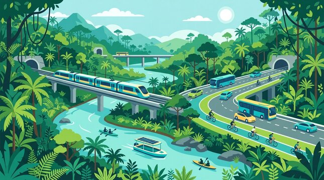 Ilustrasi vektor sistem transportasi hijau di tengah hutan tropis