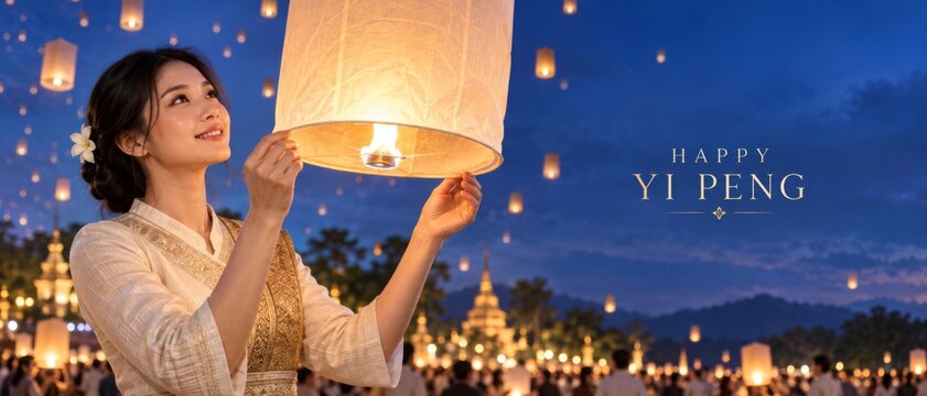 Woman releasing glowing sky lantern during Yi Peng Lantern Festival in Thailand, with Happy Yi Peng greeting, illuminated temple skyline, night celebration, and generous copy space for seasonal travel