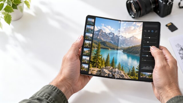 Hands holding foldable device displaying mountain lake photography, with editing controls and image thumbnails visible, representing mobile technology, digital creativity, photo editing, innovation,