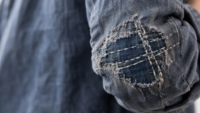 Close-up of repaired denim knee featuring Japanese sashiko mending, visible hand stitching, layered fabric patches, and textured blue-gray textile surface for sustainable fashion, repair, craft, and