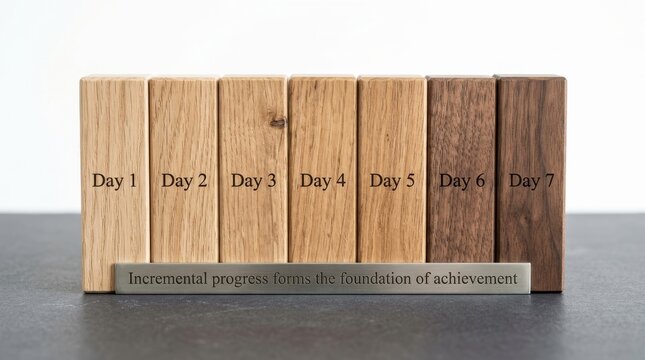 Wooden blocks showing incremental daily progress towards achievement