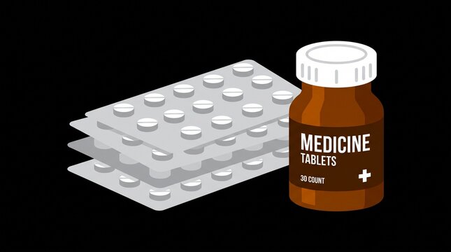 A minimalist flat vector graphic of a medicine bottle and blister packs using clean geometric shapes and vibrant colors against a stark black background.