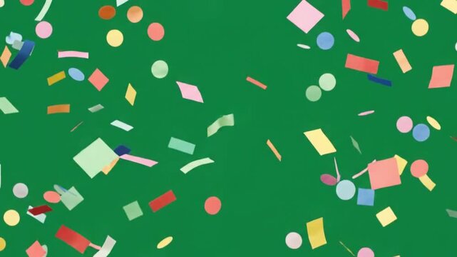 Colorful confetti overlays falling on green screen background