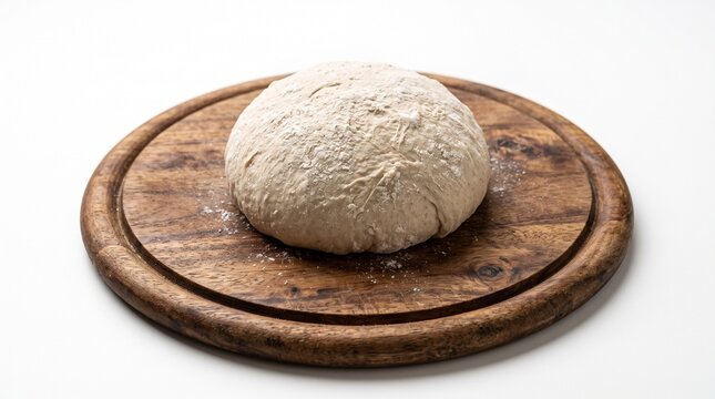 Ball of raw bread dough on a round wooden board