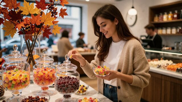 Young woman choosing gummy candies in glass jars at a candy store with autumn maple leaf decoration, lifestyle shot for seasonal treat and shopping concept