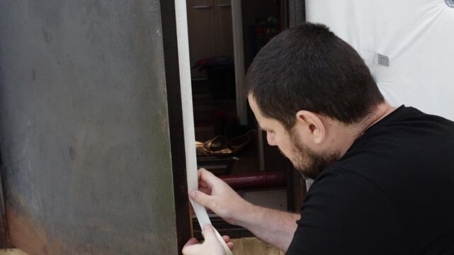 man applying masking tape to the edge of an old metal entrance door, protecting adjacent surfaces before primer and paint during careful diy home restoration work