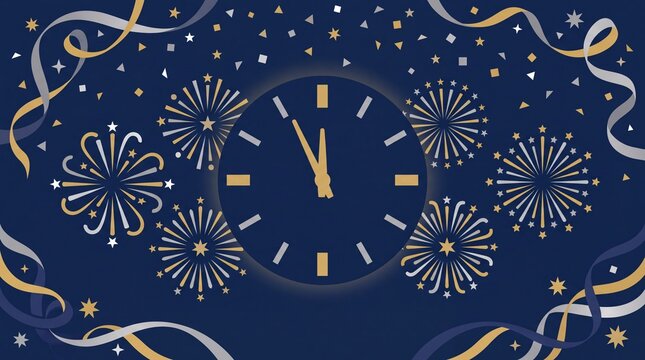 New year vektor countdown clock with fireworks and ribbons