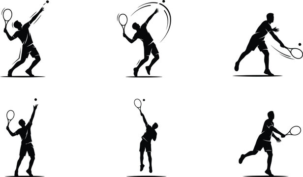 Tennis player silhouette collection featuring powerful serves, forehand strokes, match competition, professional athlete performance and training