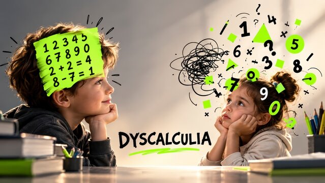 Dyscalculia Awareness: Two children, one with clear arithmetic calculations above his head and the other with a chaotic representation of numbers, illustrate the learning difficulty of dyscalculia.