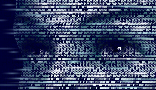Glowing white and blue binary code data stream with horizontal lens flares. Cyber futuristic AI internet matrix style. Fashion clothing patches stickers print. Dark background vector art.