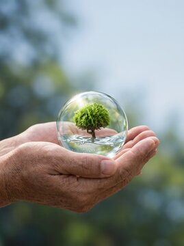 Human hands holding a transparent glass sphere containing a miniature tree growing in clear water