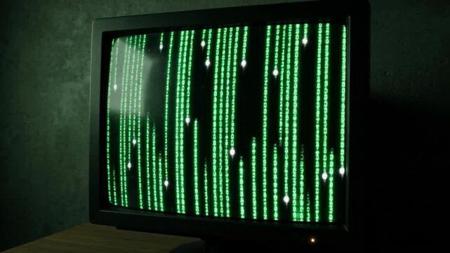 An old cathode-ray tube monitor prominently displays bright green binary code streaming downwards, creating a captivating digital rain effect on its dark screen.