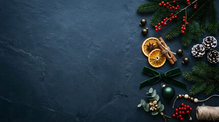Fototapeta premium A flat lay christmas ornament arrangement with pine branches, cinnamon sticks, dried orange slices, pinecones, and red berries on a dark textured background, underscoring the green ribbon