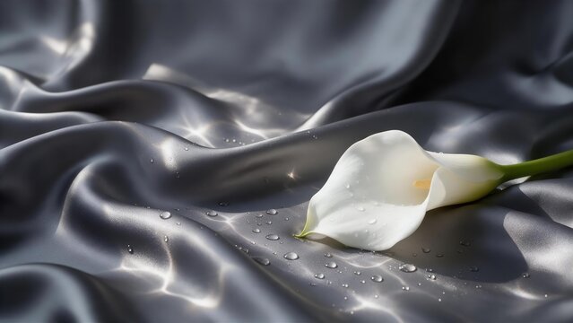 White calla lily flower on dark gray charcoal silk background with water drops for luxury skincare