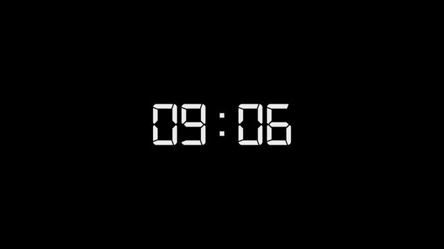Digital clock timer counting up from 09:01 to 10:00 on black background