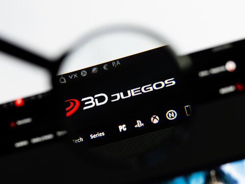Milan, Italy 2026, 15 AGO Closeup of 3djuegos com website page on a laptop screen. Focus on 3djuegos com logo under a magnifying glass.
