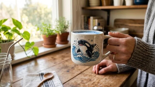 Hand holding a personalized Firefly ceramic mug with a graphic print of a smiling orca and ocean waves, emitting steam in a cozy home setting by a bright window.