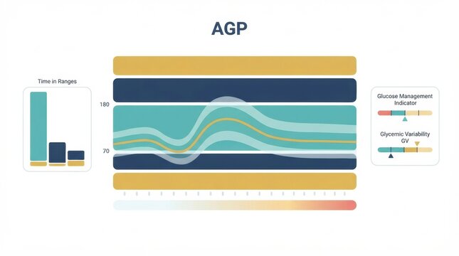 The chart shows data on blood glucose levels, emphasizing time in ranges and variability related to diabetes management.