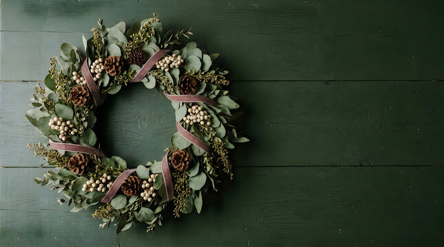 Floral wreath on dark green textured wall background