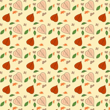 Seamless Pattern with Autumn Leaves in Red, Orange, and Green