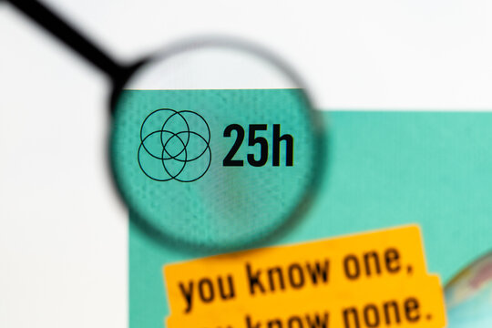 Milan, Italy 2026, 15 AGO Closeup of 25hours Hotels website page on a laptop screen. Focus on 25hours Hotels logo under a magnifying glass.