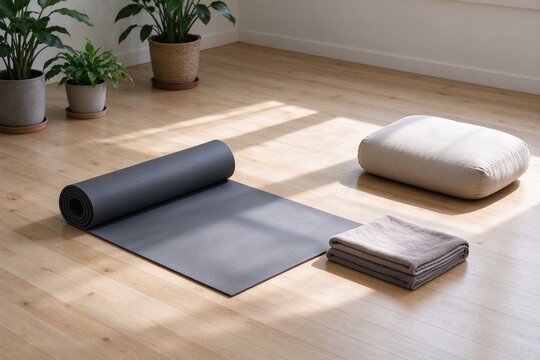 Yoga mat and plants in calm minimal space