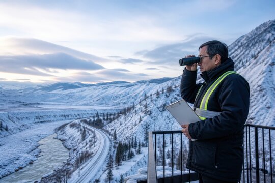 Avalanche Control Worker - Rail safety observer monitoring snowy mountain corridor