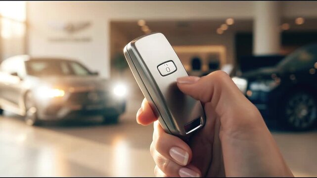 Close up of a female hand holding a modern luxury metallic car key fob in a dealership