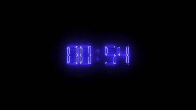 neon digital clock 60 second countdown timer on black background Animated blue neon LED readout timer counting down from 59 to 00