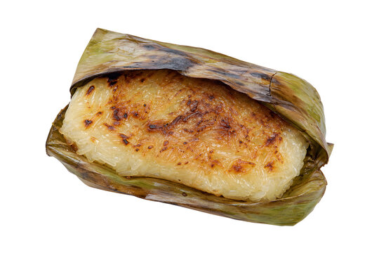 Thai khao niao ping grilled sticky-rice parcel, compact flattened oval Isolated on White Background