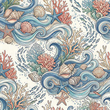 Cute Seamless Pattern of Ocean Waves, Seashells, Coral Reefs, and Starfish in Hand-Drawn Watercolor Style