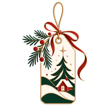 Decorative christmas gift tag with winter landscape illustration isolated on transparent background
