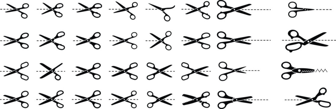 Black scissor cut line dash paper stationery tool icon design set