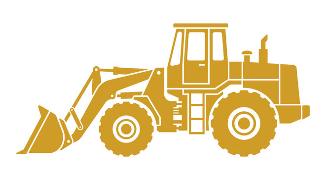Yellow front loader silhouette against a white background depicts heavy machinery