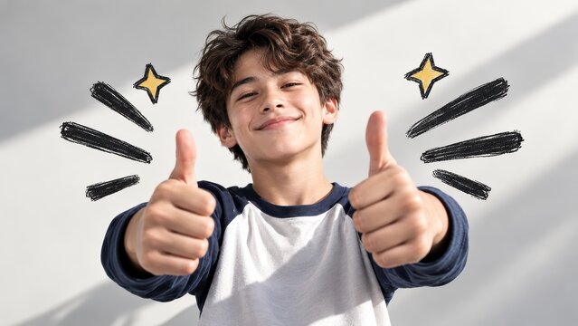 Thumbs Up Kid: A young boy flashes a confident smile with both thumbs raised in a gesture of approval and positivity, surrounded by cheerful starbursts.