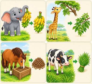 Cute large farm and wild animals with their favorite food in a 2x2 grid set, vector style illustration of cute animals eating, kids educational concept.