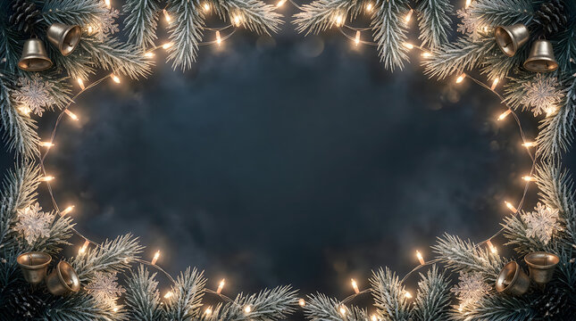 Festive christmas border with blurred lights and dark center