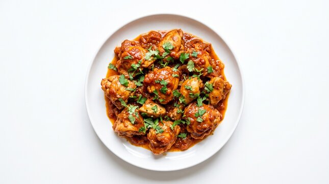 Plate of cooked chicken pieces with rich reddish sauce and green garnish